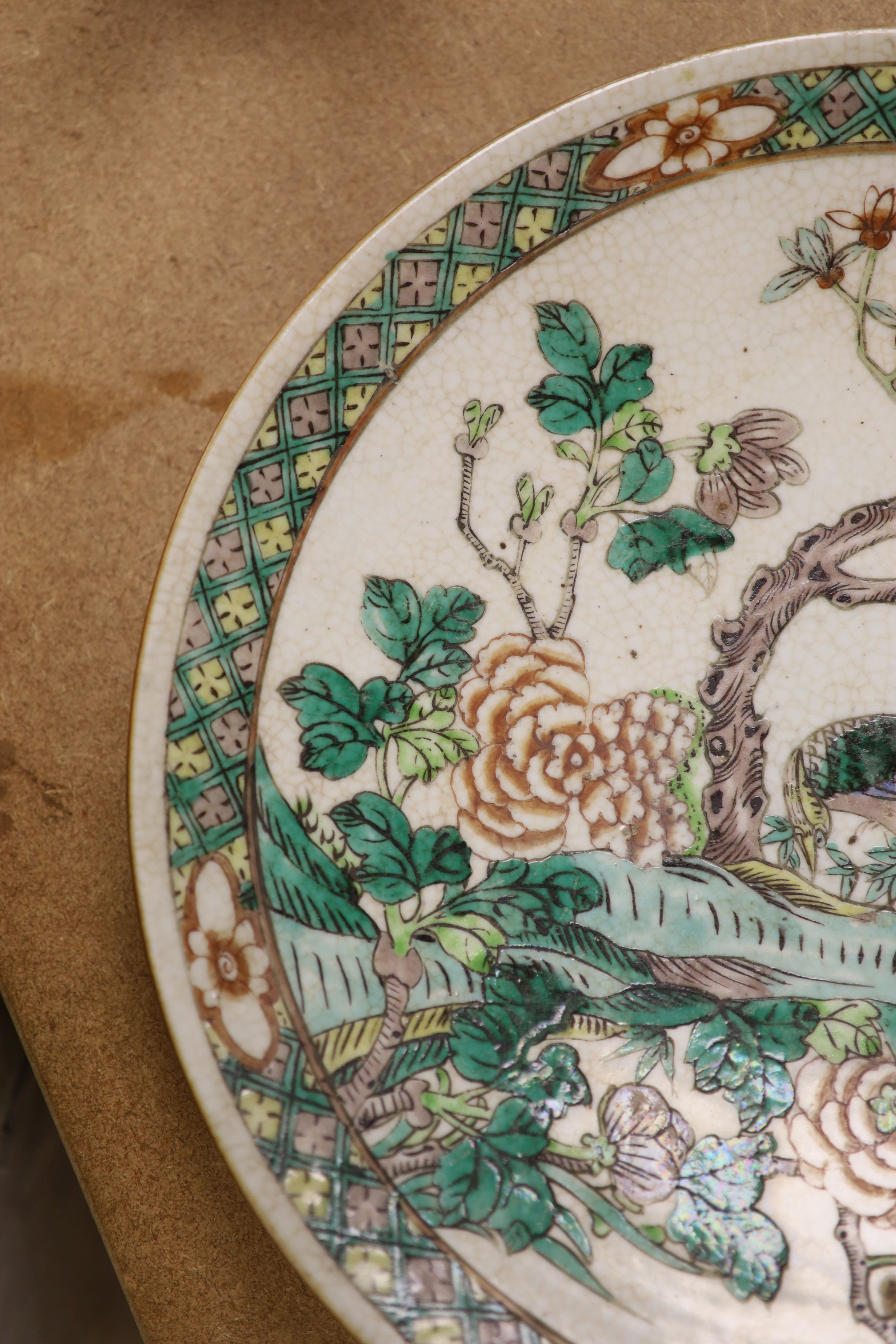 A 19th century Chinese famille verte crackle glaze dish and wood stand, diameter 35cm